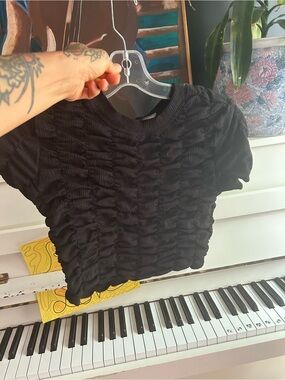 House of Harlow 1960 Black Ruched Crop Top Women’s Medium Puff Sleeve Stretch